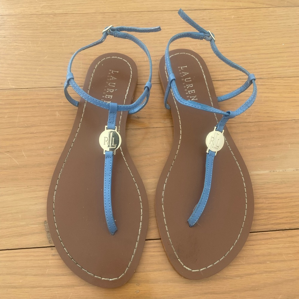 Lauren Ralph Lauren Aimon T-Bar Croc Flat Sandals Blue – Size 7